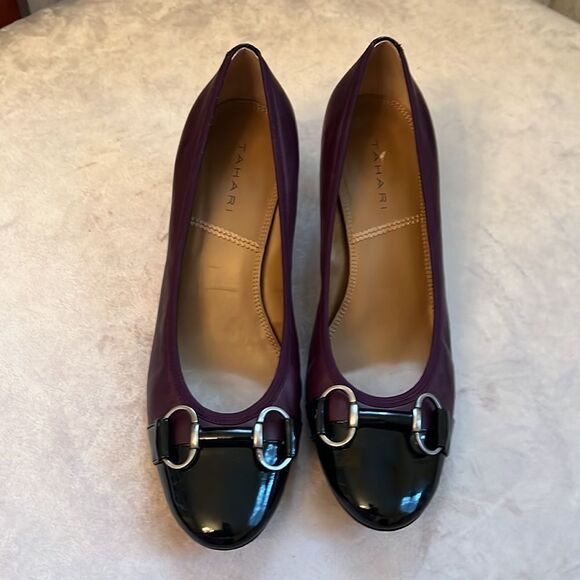 #OfficeSiren 💃 Classic Purple SOFT Leather Blk Patent Toe *Kitten Heel* Pump 8.5 - Picture 3 of 11